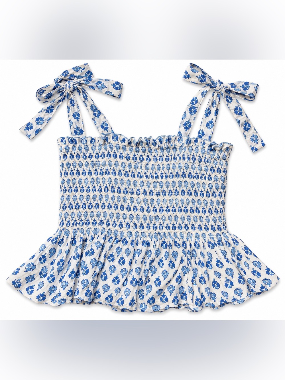 J.Crew Women’s Large Blue White Floral Smocked Tie Shoulder Peplum Tank Top
